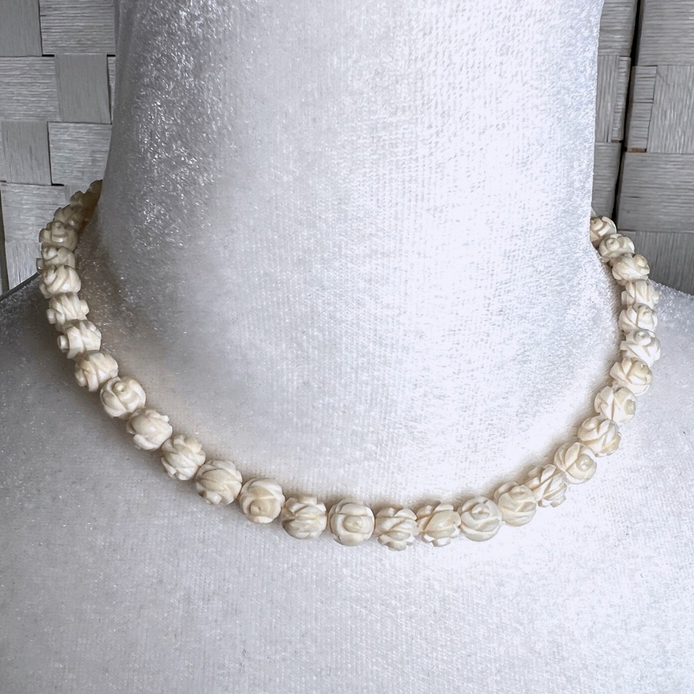 Vintage Hand Carved Faux Ivory Rose Floral Celluloid Necklace Cream Bracelet Set